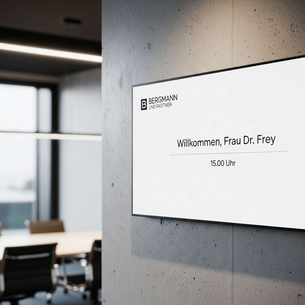 Displight Besprechungsraum Display bei Bergmann und Partner - Personalisierte Mandantenbegrüßung für Frau Dr. Frey um 15:00 Uhr